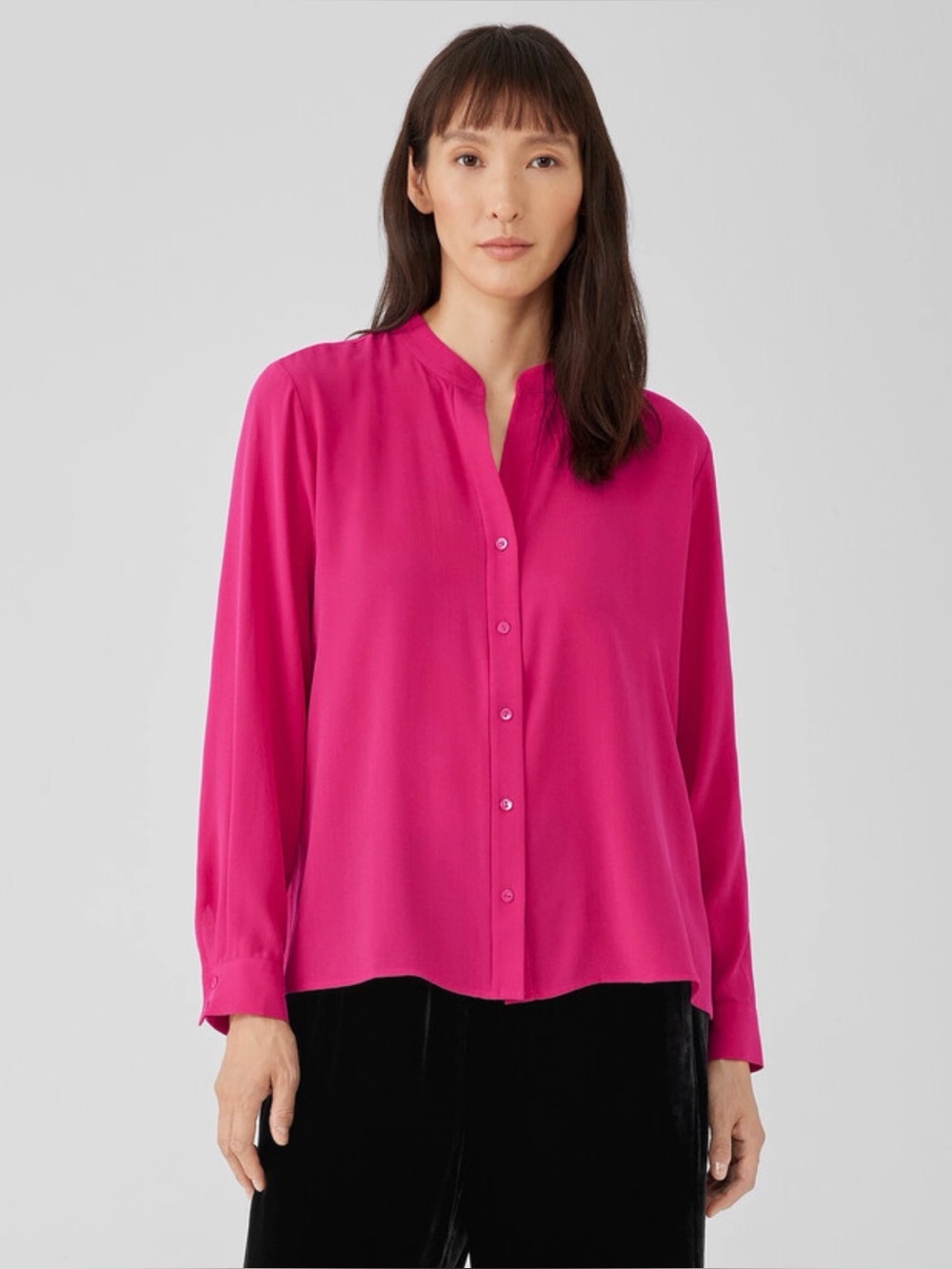 Eileen Fisher 100% Silk Georgette Crepe Shirred Back Shirt